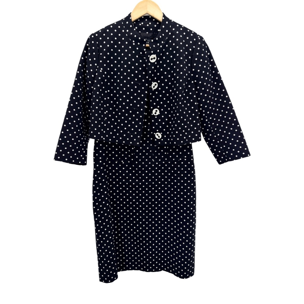 Teri Jon 2pc Dress Jacket Set Size 10 Black White Polka Dot Pique Wiggle Suit